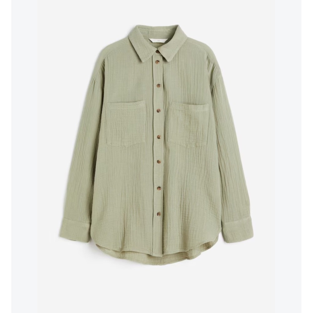 H&M Sage Green Cotton Double Gauze Button Down Shirt Minimalist Lightweight Sz M